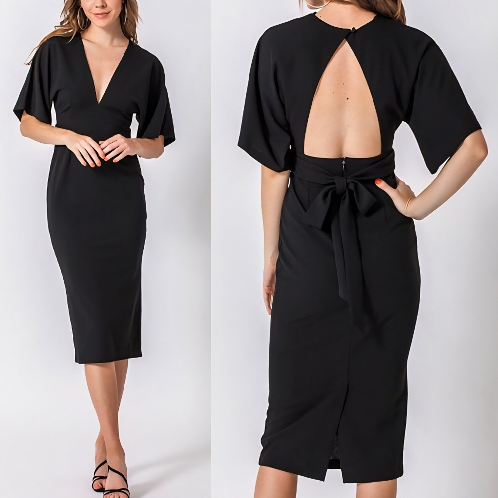 NEW Fashion Nova Black Kimono Dress w Open Back and Plunge Neckline Sz.M